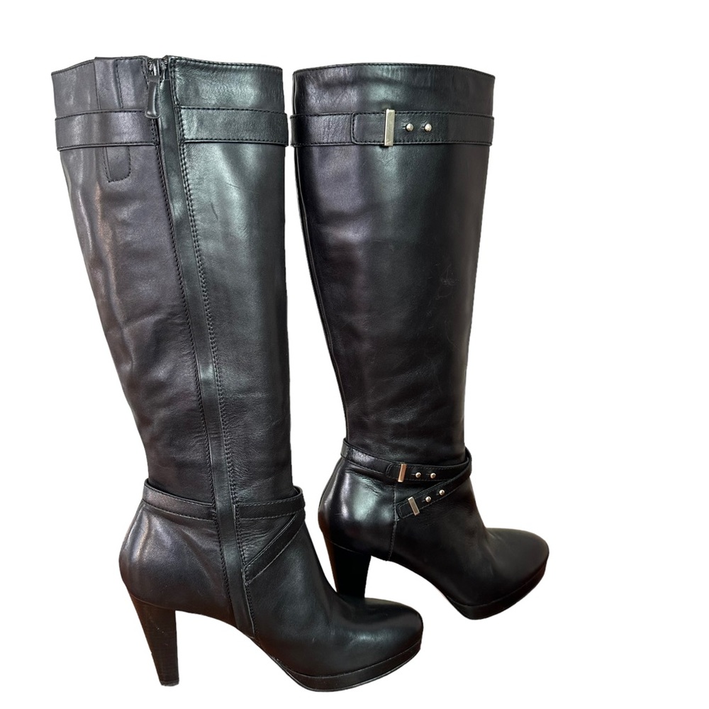 Cole Haan Womens Black Leather Upper Knee High Heel Boots with Buckle Size 9.5